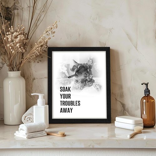 arteWOODS Funny Cat Bathroom Wall Art - Rustic Black Framed Print for Kids' Washroom | 8x10 Inch Decor