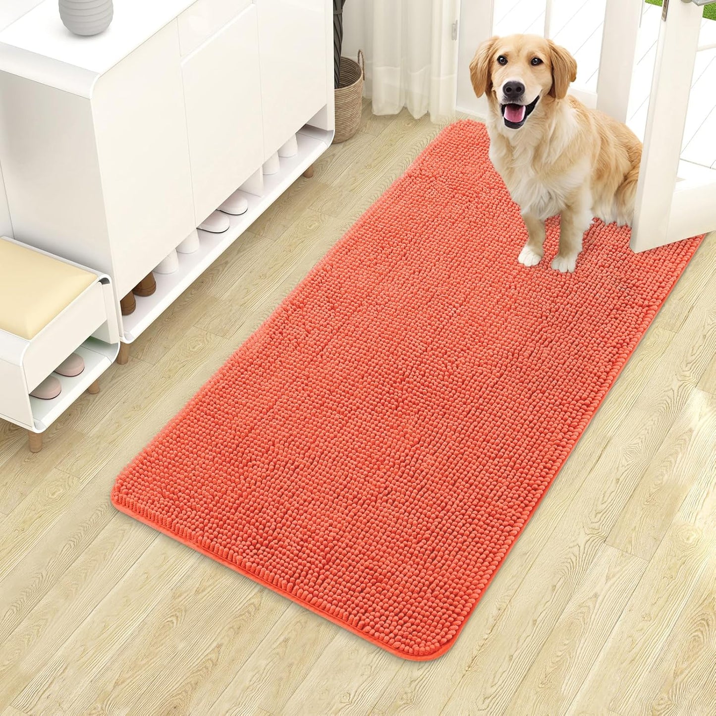 OLANLY Dog Door Mat - Absorbent Non-Slip Washable Chenille Mat for Muddy Paws | 40x24 Coral