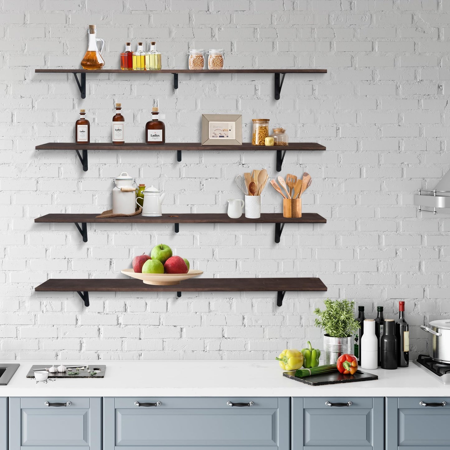 Huiyiaus Long Floating Shelves for Books,Wall Hanging Bookshelf Set of 4,Rustic Wall Mount Book Shelf Wood Extra Large for Livingroom Bedroom Kitchen Bathroom Home Office Decor,47 Inches(Dark Brown)