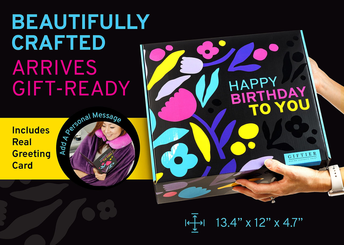 Birthday Gift Basket for Women - Happy Birthday Gift Basket For Her w/Memory Foam Pillow, Blanket, Candle, Socks, Journal, and Card - Curated Set for Women