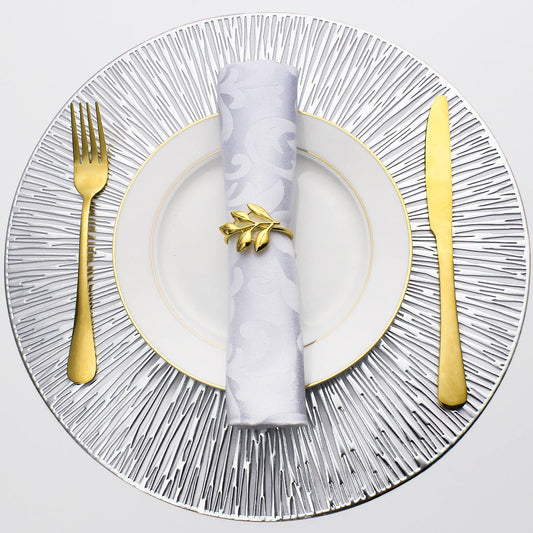 Evevda Placemats for Dining Table Set of 6 Round Hollow Out Table Mats Pressed Metallic Vinyl Plastic Place Mats Table Decoration for Holiday Wedding Accent Centerpiece(Silver Radial Circle)
