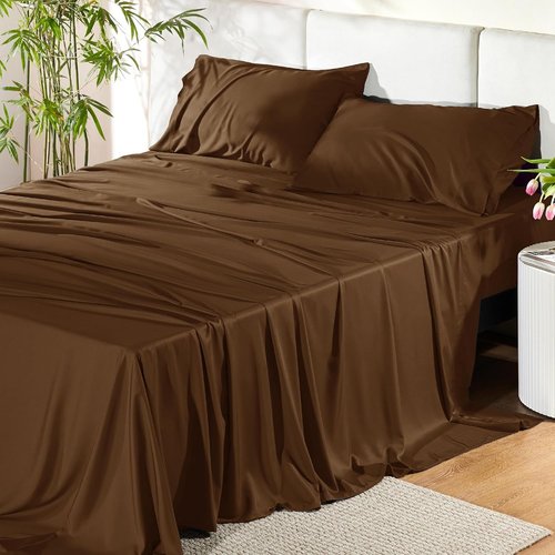 Bedsure Cooling California King Sheet Set - Breathable Rayon from Bamboo, Soft & Luxurious, Deep Pocket Up to 16 Inches, Brown