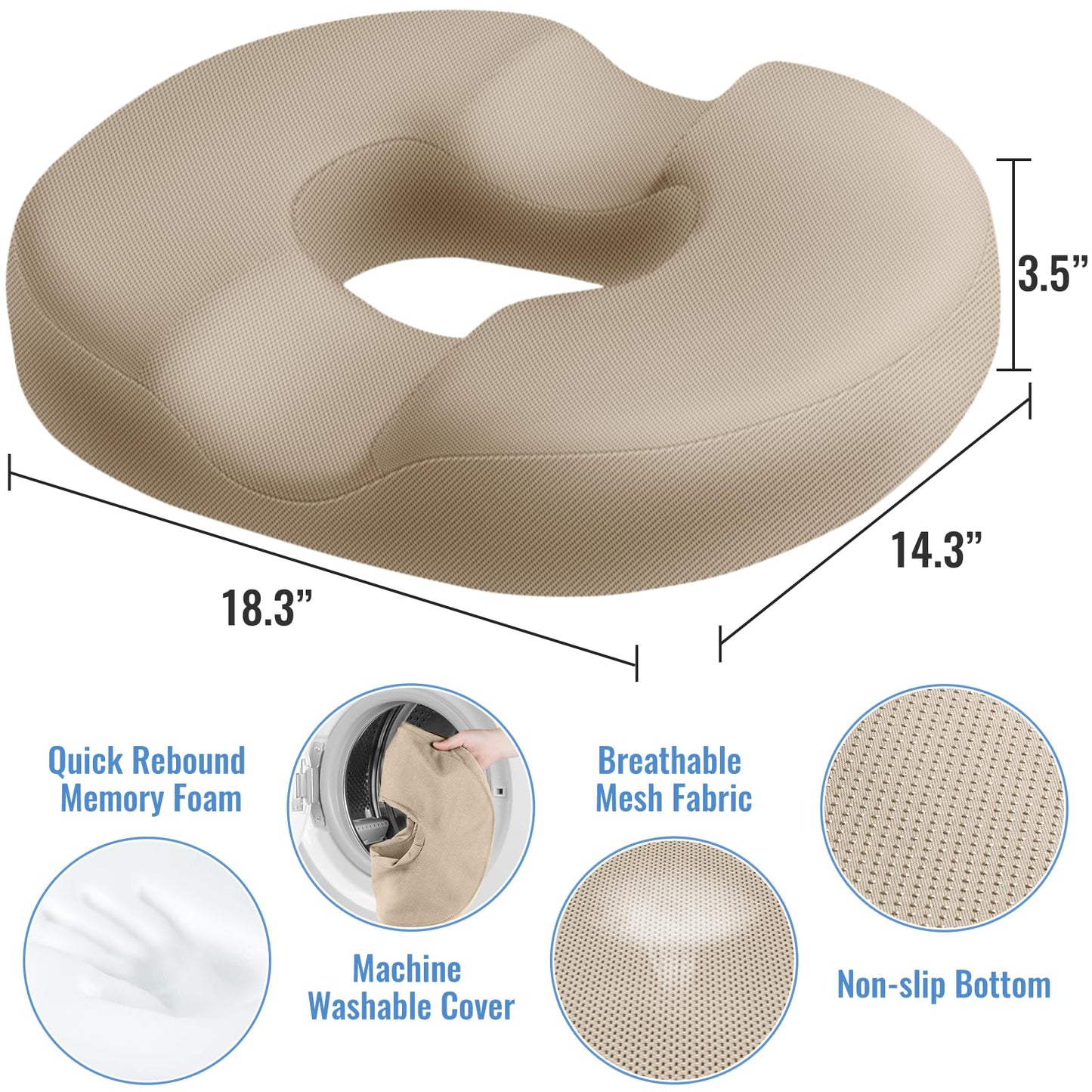 CloudBliss Donut Pillow Seat Cushion Chair Pad for Tailbone Pain Relief and Hemorrhoids, Memory Foam Seat Chair Cushion for Men and Women for Home & Office, (Khaki-XL)