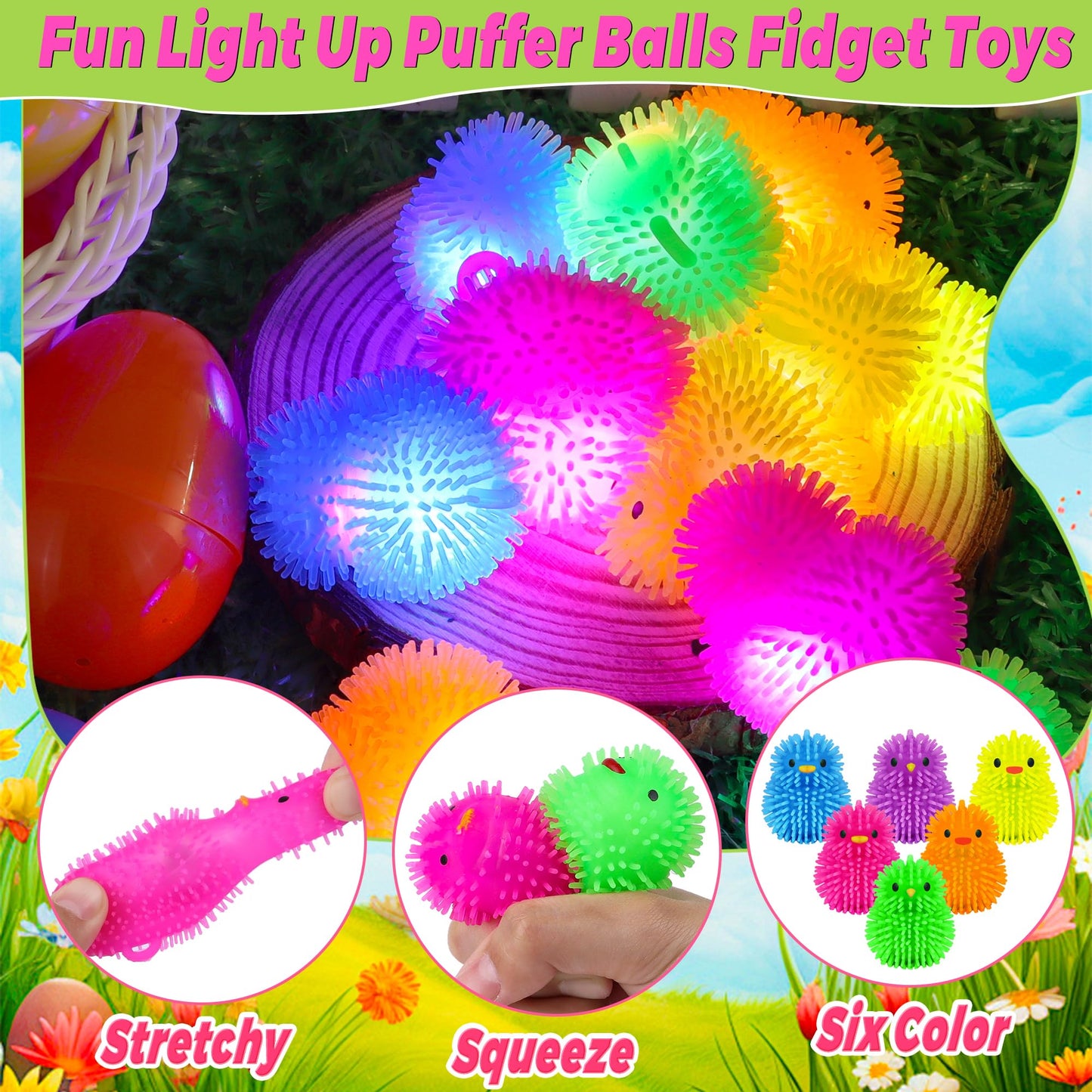 NAWITDA 18 Pack Easter Eggs Fillers with LED Chick Puffer Balls, Easter Eggs Filled with Light Up Fidget Stress Toys Squeeze Balls Glow In The Dark Easter Basket Stuffers for Easter Hunt Party Favors