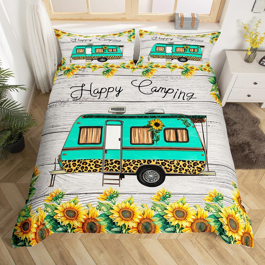 Feelyou Camping Travel Car Bedding Set Camper Comforter Cover for Kids Boys Girls Teens Camping Theme Duvet Cover Breathable Vintage Wooden Floral Bedspread Cover Room Decor Quilt Cover Full Size