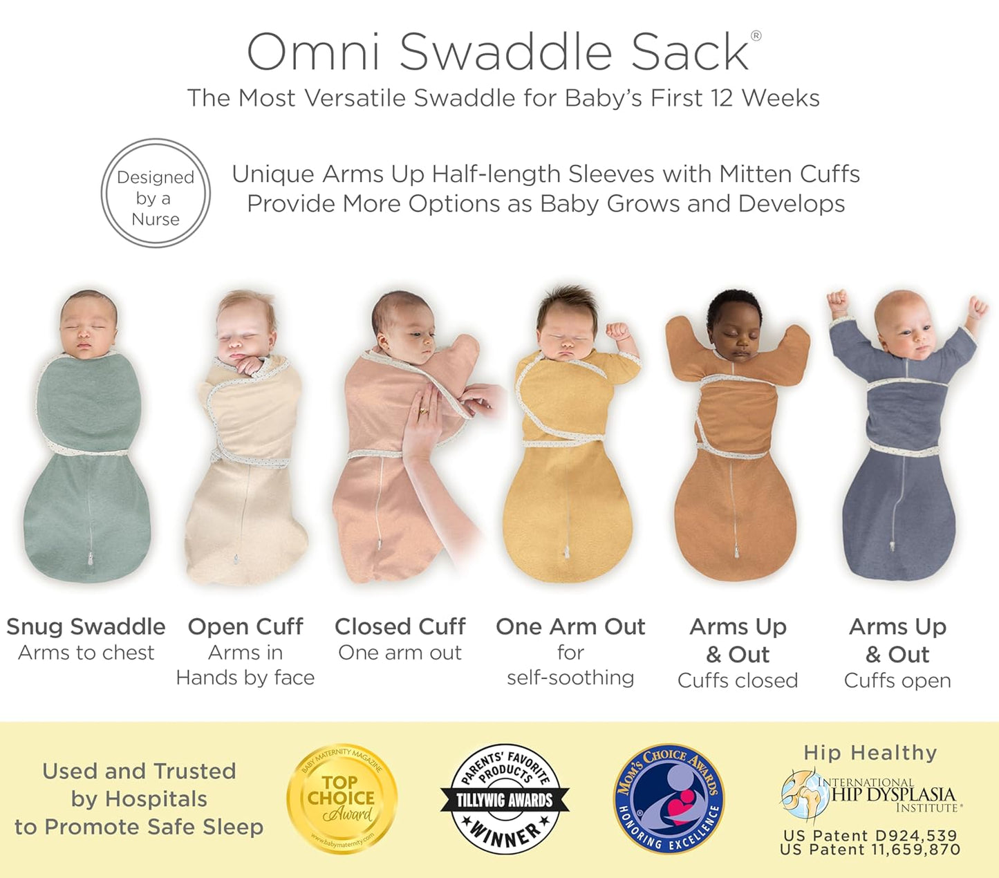 SwaddleDesigns 6-Way Omni Swaddle Sack - Arms Up Design for Newborns, Calms Startle Reflex, 12-18 lbs | Tiny Arrows Black