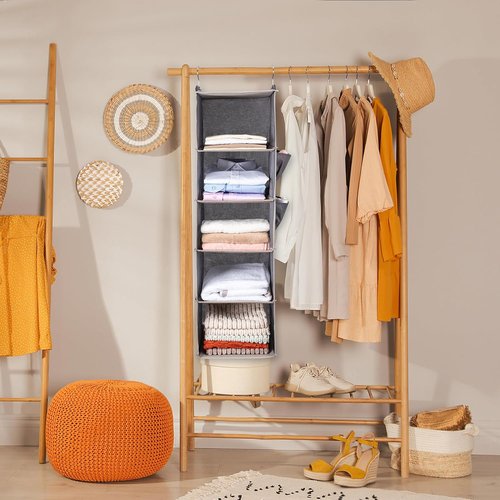 BOOMIBOO Hanging Closet Organizer - 5 Shelves with 2 Side Pockets | Foldable Storage Solution (Beige, 2 Pack)