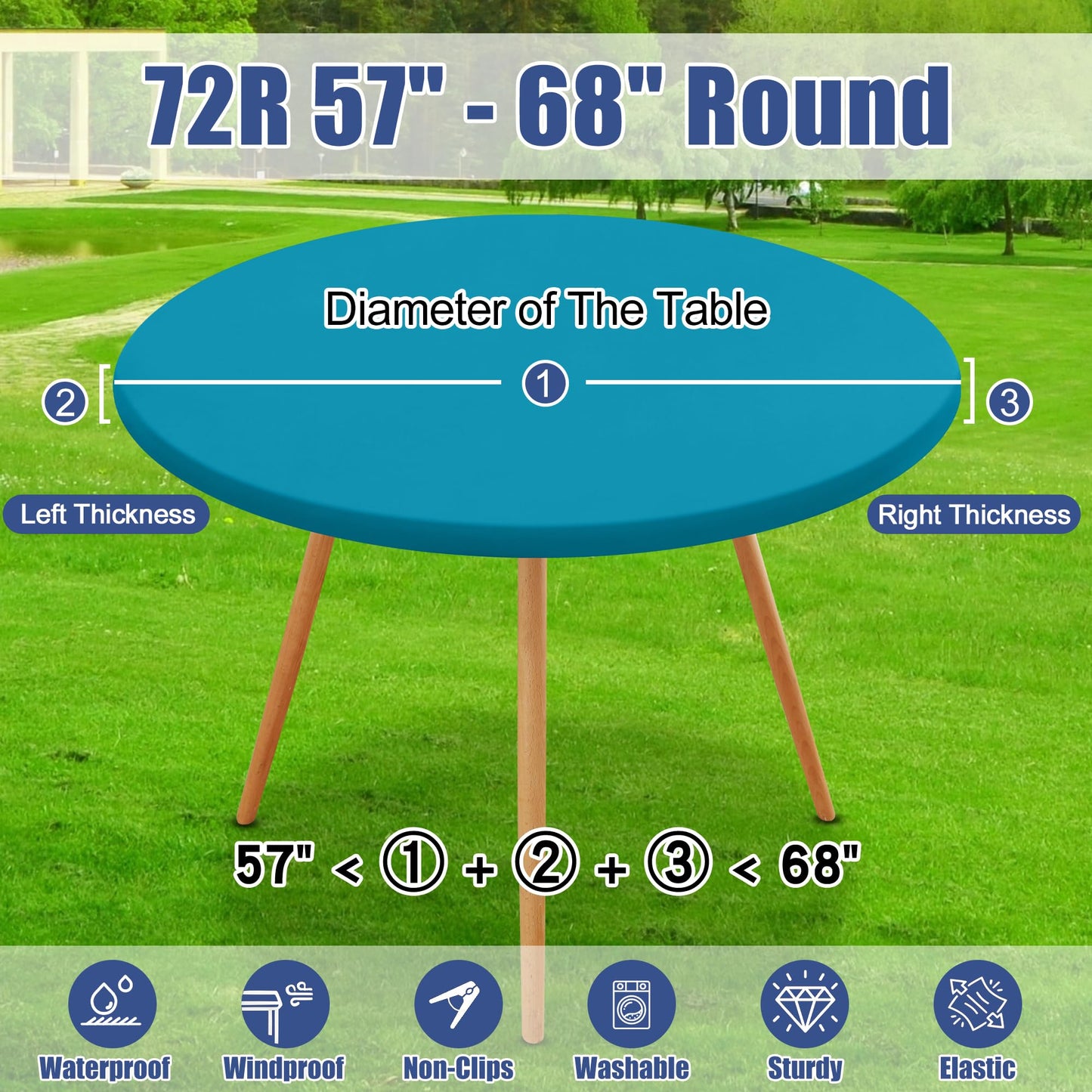 Moosfor Round Spandex Tablecloth, Elastic Fitted Waterproof Tablecloths for 57"-68" Tables, Stretch Washable Picnic Table Cover for Camping, Dining, Indoor and Outdoor, Turquoise