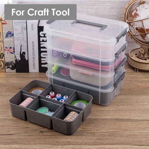 CraftGenes Grey & White Modern Plastic Storage Box - 4-Layer Durable Organizer with 2 Removable Trays for Crafts, Sewing & Office Supplies