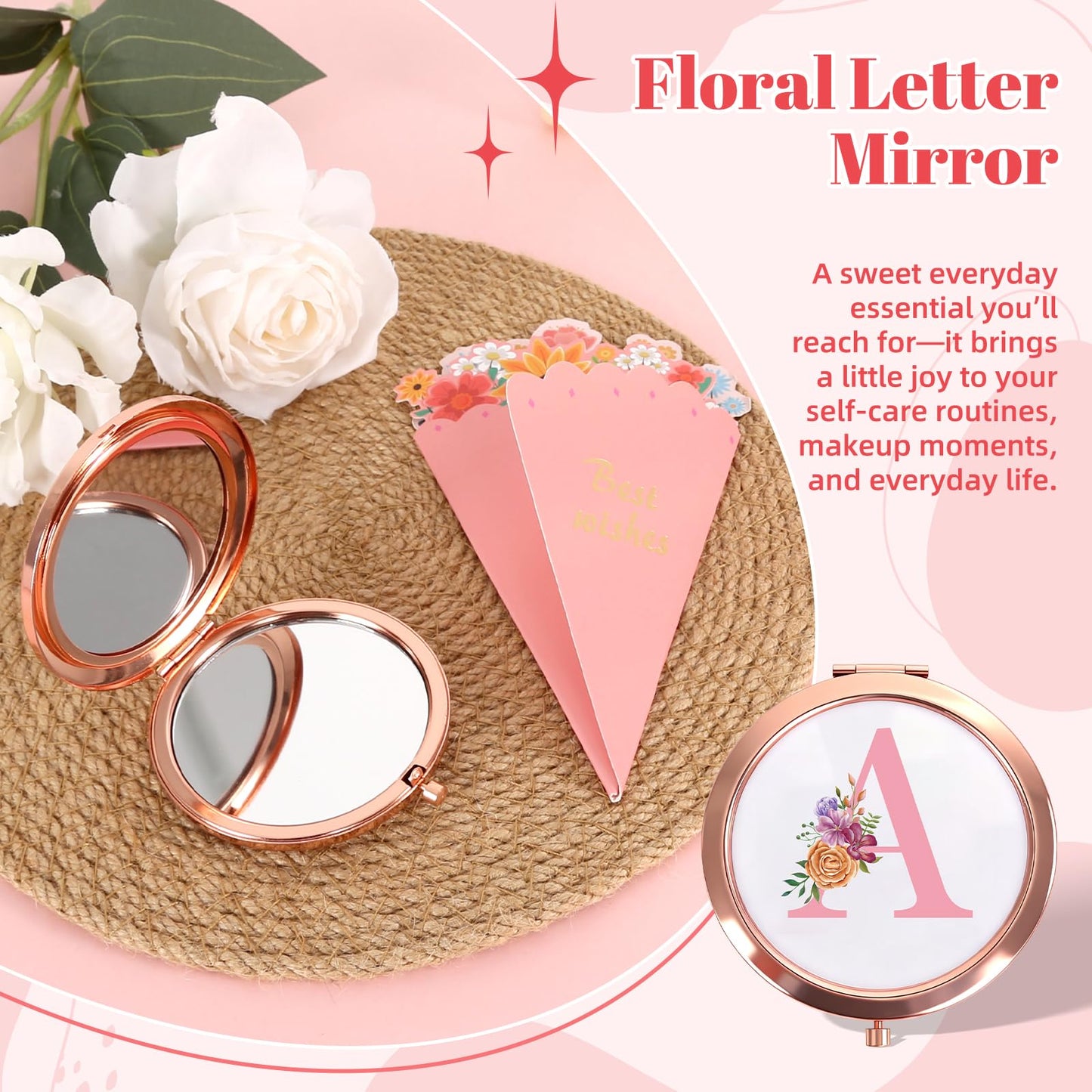 GooBird Personalized Monogrammed Gift Box for Women & Teen Girls–Pink Tumbler, Mirror & Hair Accessories Set, Initial A Gifts for Her, Sister, Daughter, Friends, Bridesmaid or Teacher