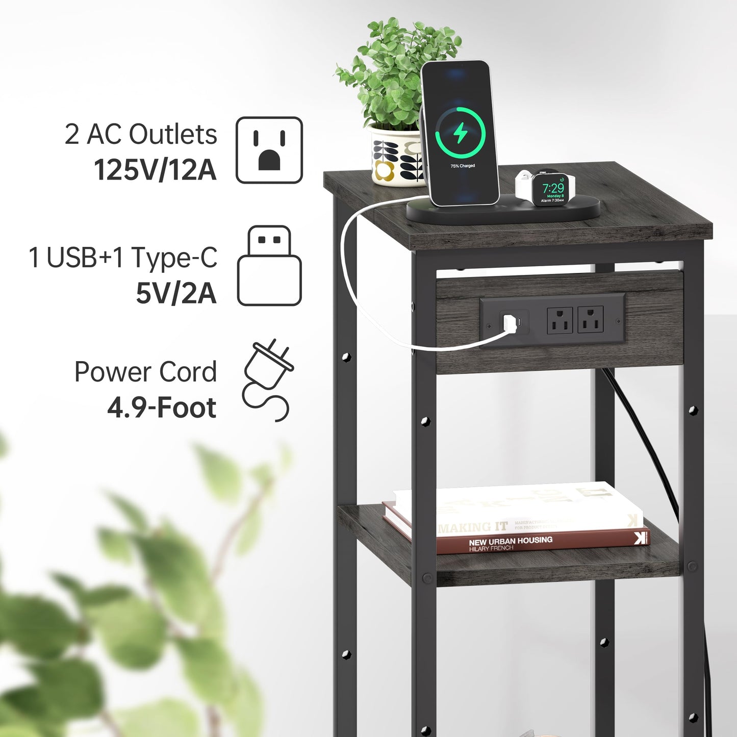 Asgolion Tall Nightstand with Charging Station, 3 Tier Narrow Tall End Table with Storage, Slim Side Table with USB Ports and Outlets for Bedroom, Living Room, Office, Black