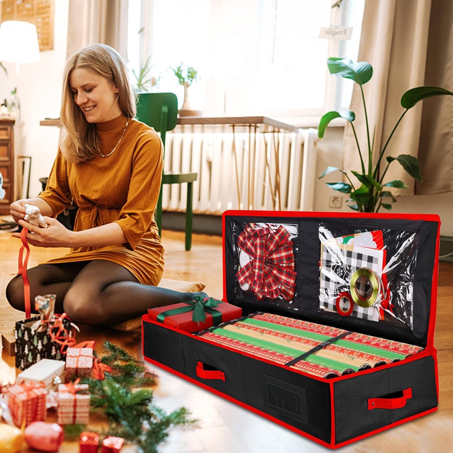 Juegoal Christmas Storage Organizer - 40.5 Inch Gift Wrapping Paper Storage with Interior Pockets | Tear-Proof Fabric, 2023 Upgrade