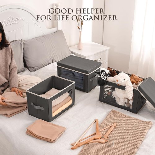 Homsorout Stackable Storage Bins - Medium Foldable Closet Organizer with Lids | 4-Pack Dark Grey