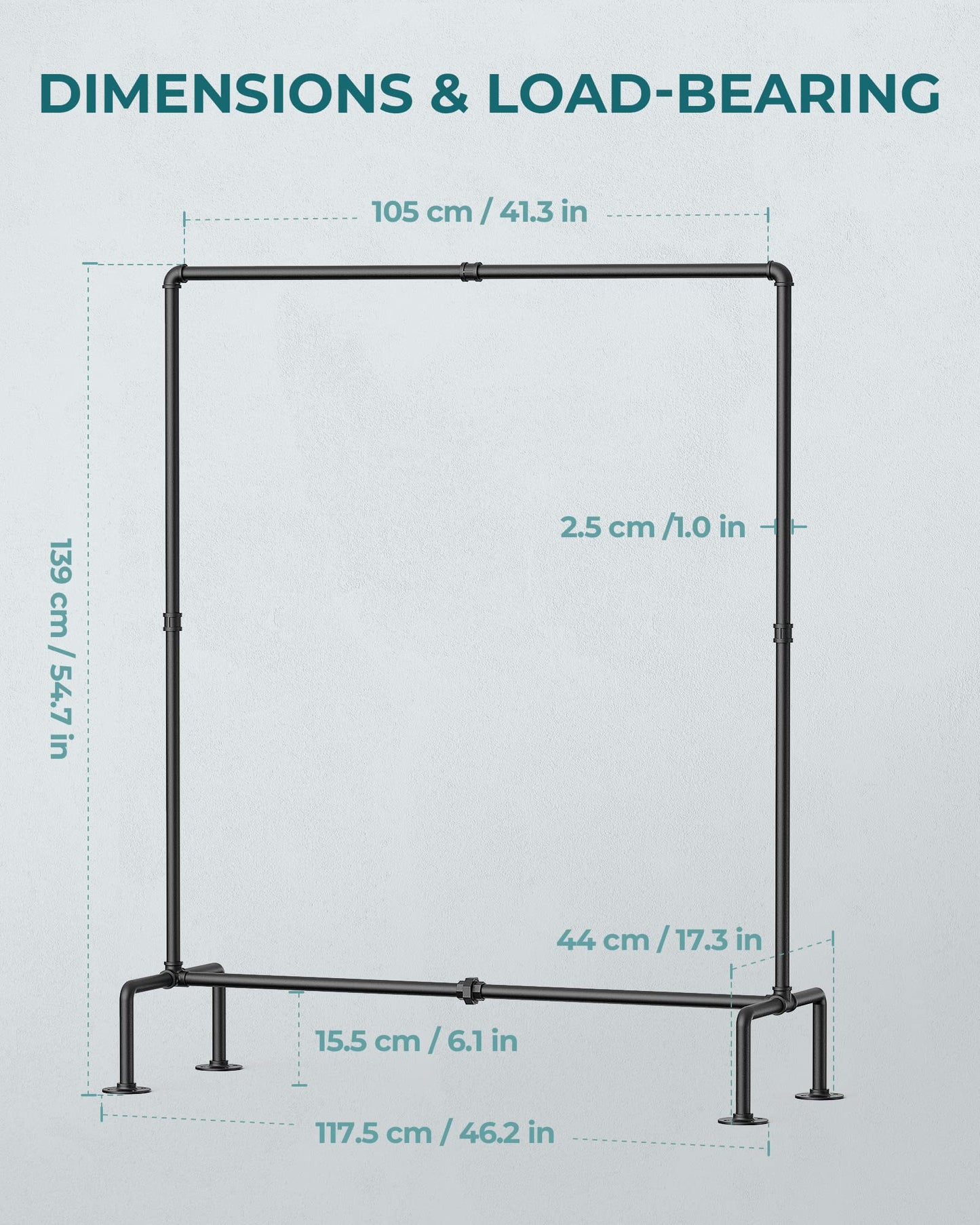 OROPY Industrial Pipe Clothing Rack Free Standing, Heavy Duty Detachable Clothes Rack with 4 Stable Feet for Garment Storage Display, Black