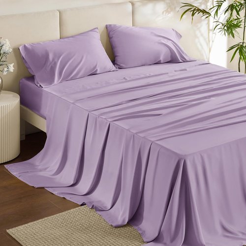 Bedsure Cooling Bed Sheets - Breathable Rayon from Bamboo, Deep Pocket Up to 16 Inches, Lilac