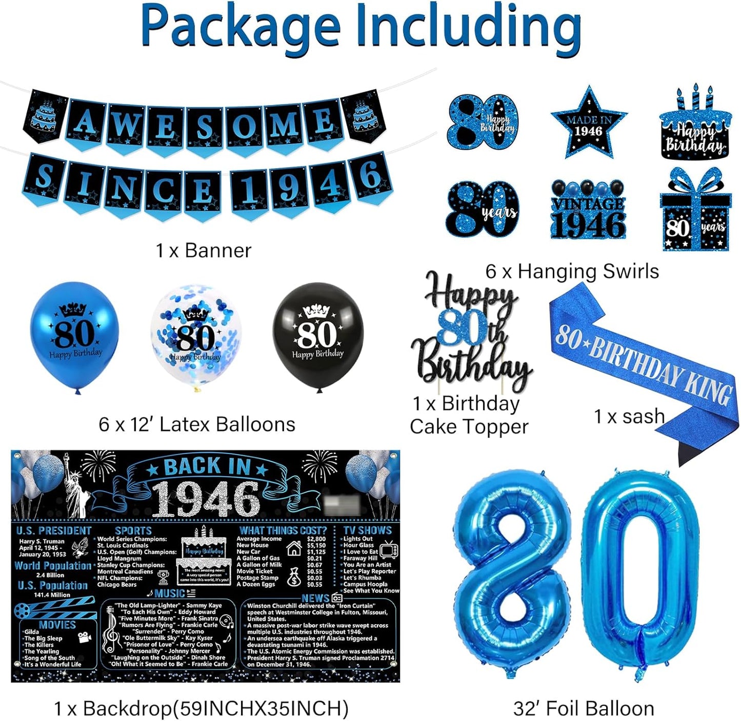 Trgowaul 80th Birthday Decorations - 20PCS Black and Blue Party Supplies Set with Banner, Sash, Cake Topper & Balloons