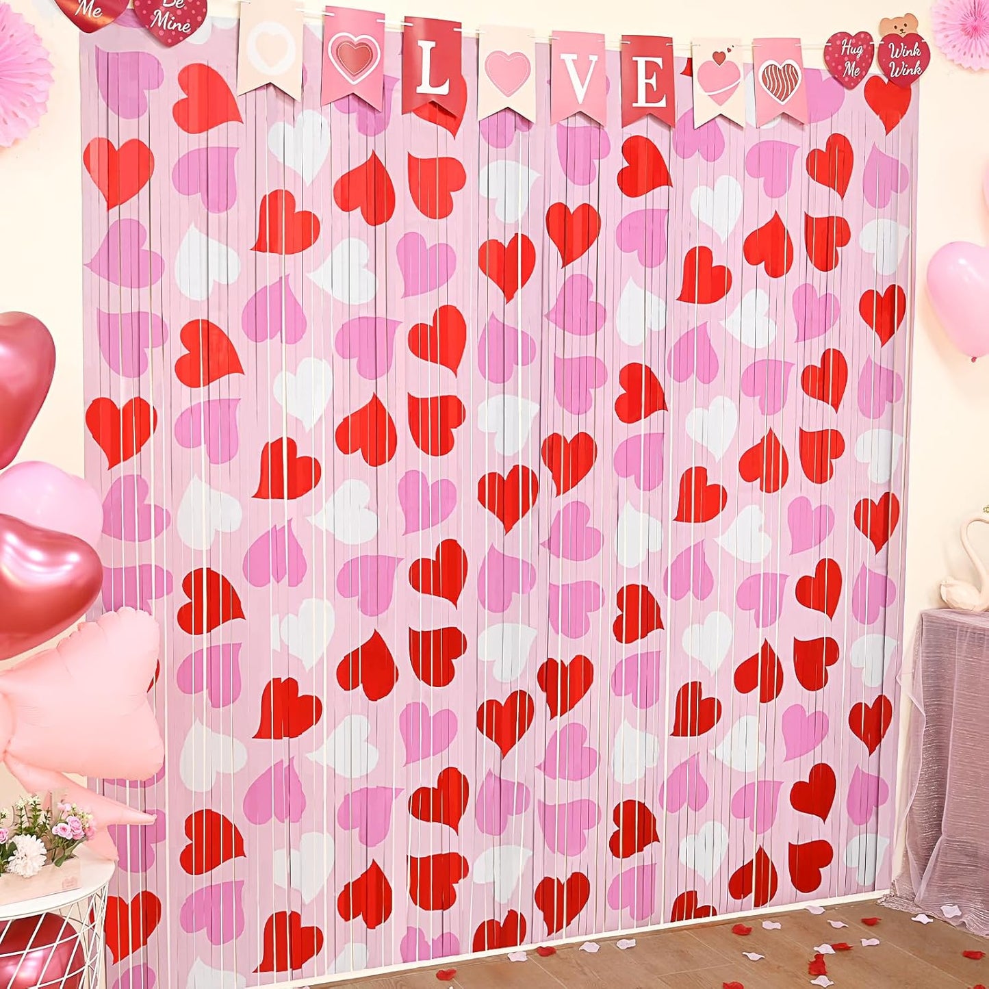 Mega-L Birthday Party Decorations - 2 Pack Red Pink White Heart Foil Fringe Curtains | 3.3X6.6 ft Tinsel Backdrop