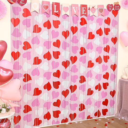 Mega-L Birthday Party Decorations - 2 Pack Red Pink White Heart Foil Fringe Curtains | 3.3X6.6 ft Tinsel Backdrop
