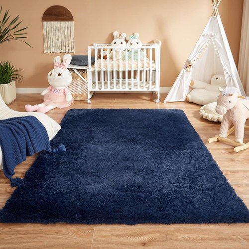 Floralux Area Rug - Dark Blue Fluffy Shag Carpet for Bedroom & Living Room | 4x6 Size