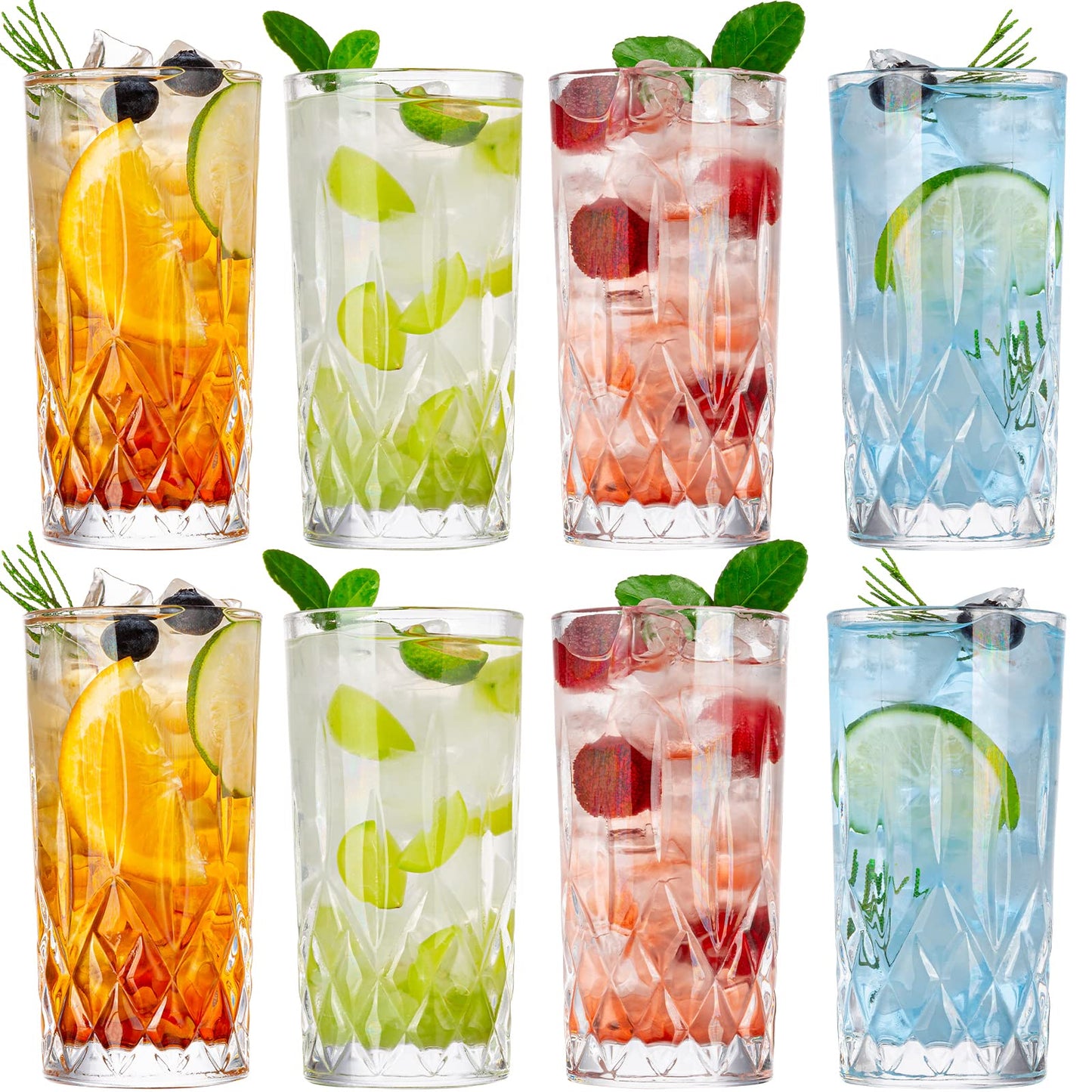 Claplante Crystal Highball Glasses, Set of 8 Glass Drinking Glasses, 11 oz Durable Drinkware Cups for Cocktails, Water, Juice, Beer, Wine-Special Edition Glassware Set, Dishware, Dishwasher Safe