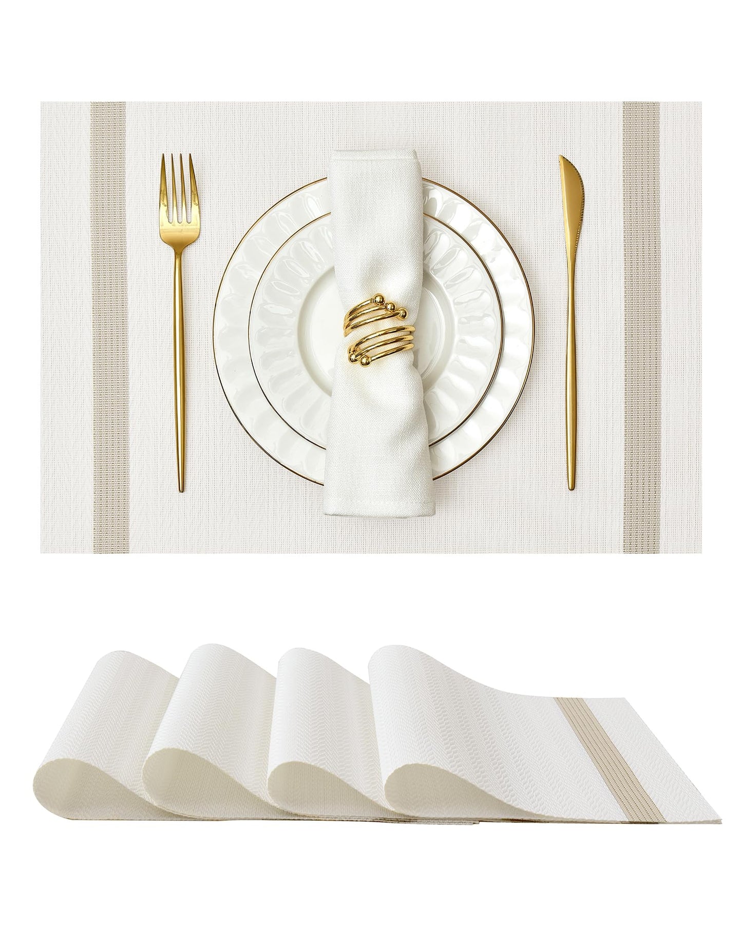 Leetaltree Sparkling White Vinyl Woven Placemats Set of 4 - Washable Dining Table Placemats Striped, Suitable for Wedding, Anniversary, Daily Use - Sparkling Table Decor