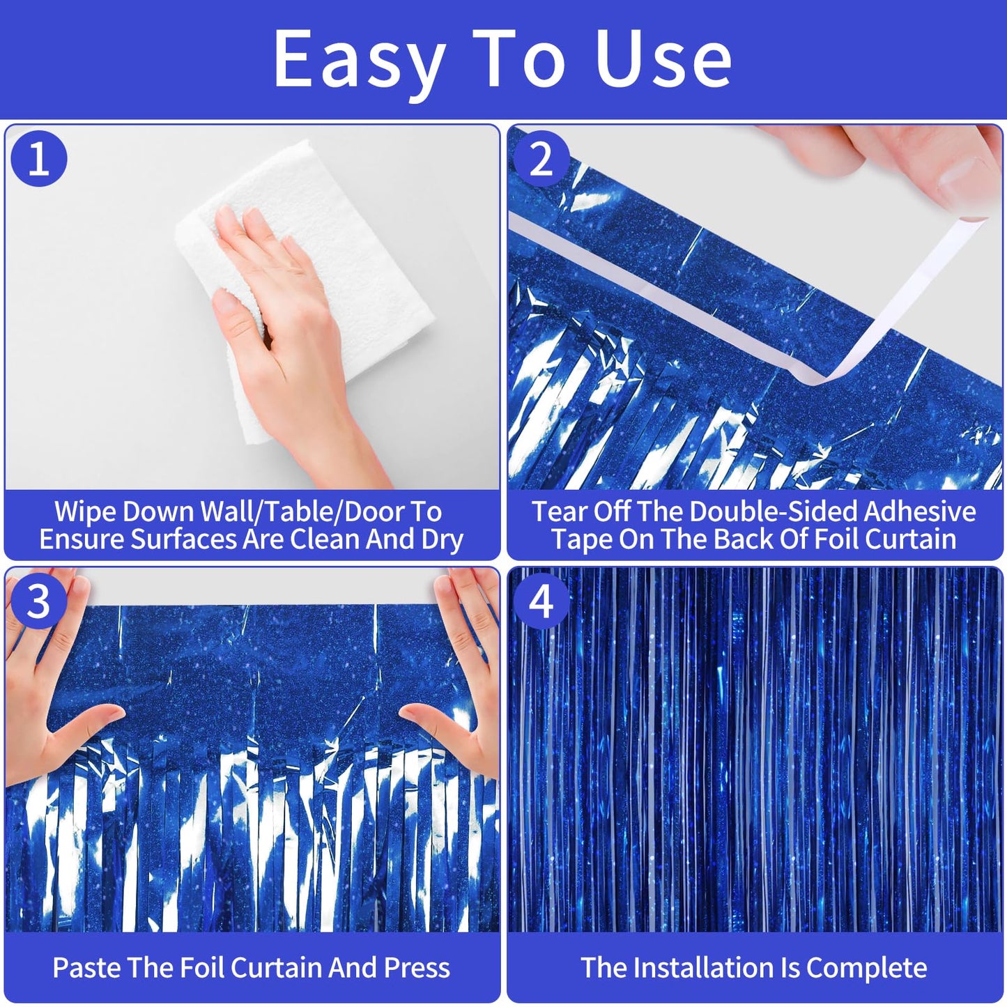 Picoway 4 Pack Foil Fringe Tinsel Backdrop Curtains, Birthday Engagement Bachelorette Party Decorations, Photo Booth Props Door Streamers Curtain (Blue)