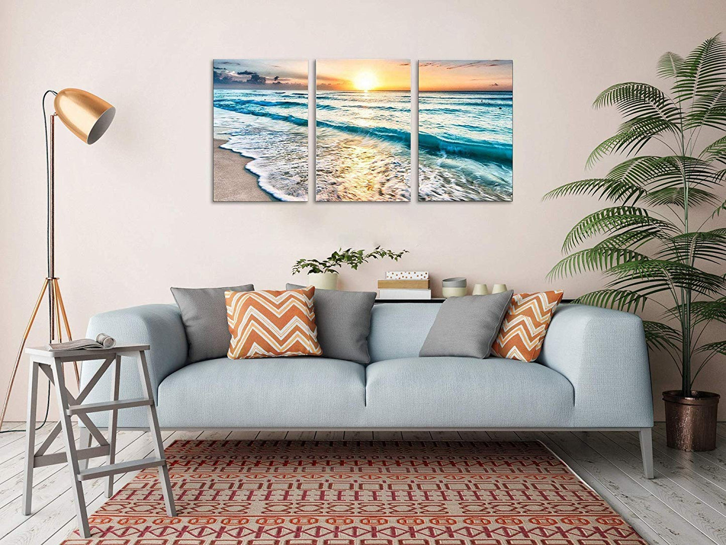TutuBeer 3 Panel Canvas Wall Art for Home Decor Blue Sea Sunset White Beach Painting the Picture Print on Canvas Seascape the Pictures For Home Decor Decoration,Ready to Hang