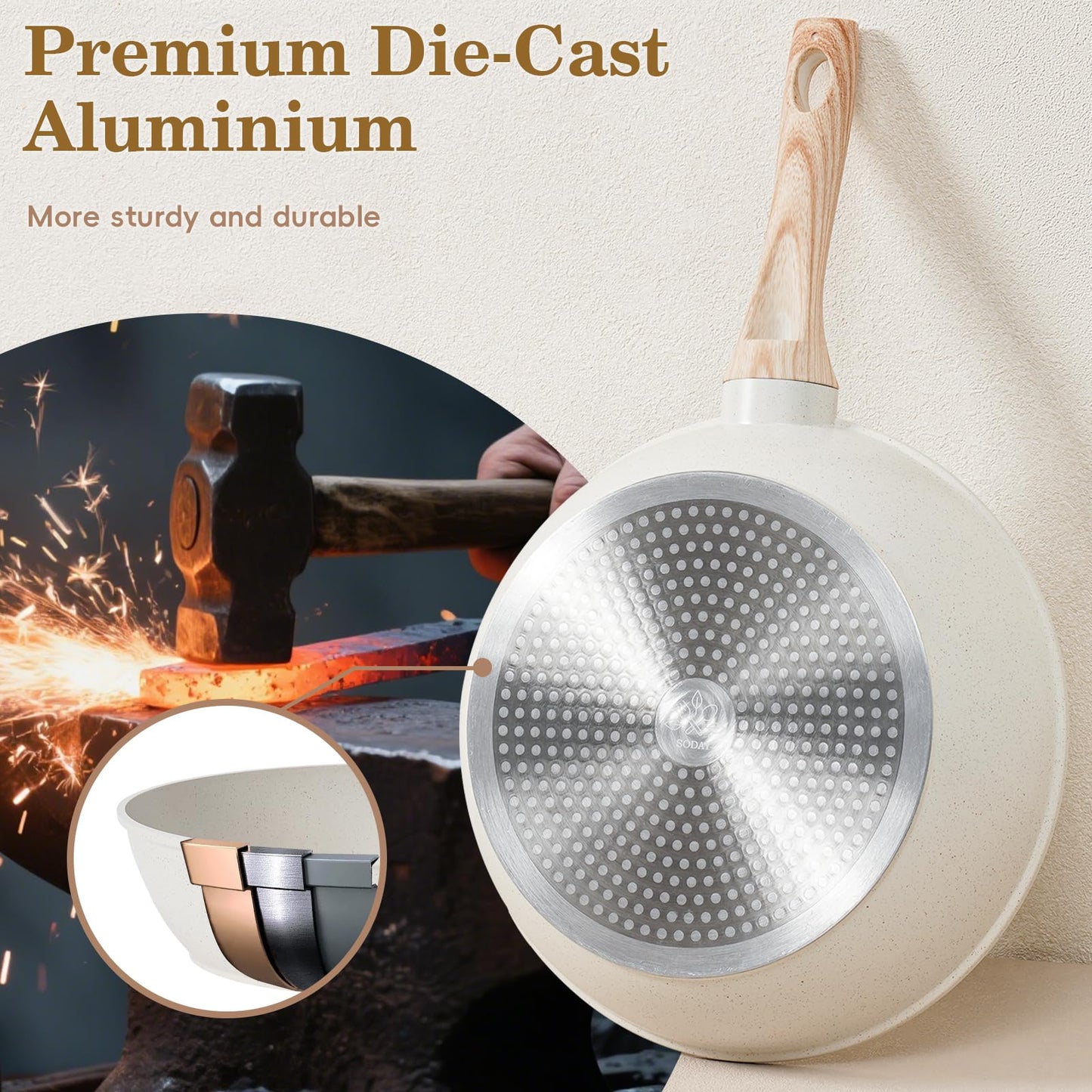 SODAY 12 Pcs Pots and Pans Set Non Stick, Cookware Sets White Granite Induction Cookware, Non-toxic Healthy Nonstick Kitchen Cooking Set with Frying Pan Set, Saucepans (PFAS/PFOA/PFOS Free)