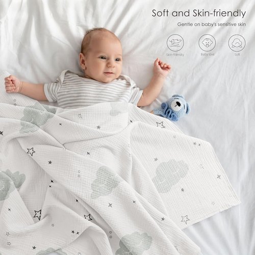 Bearmoss Muslin Swaddle Blankets - Soft & Breathable Baby Blankets | 3 Pack, 40 x 38 Inches, Cloud Design