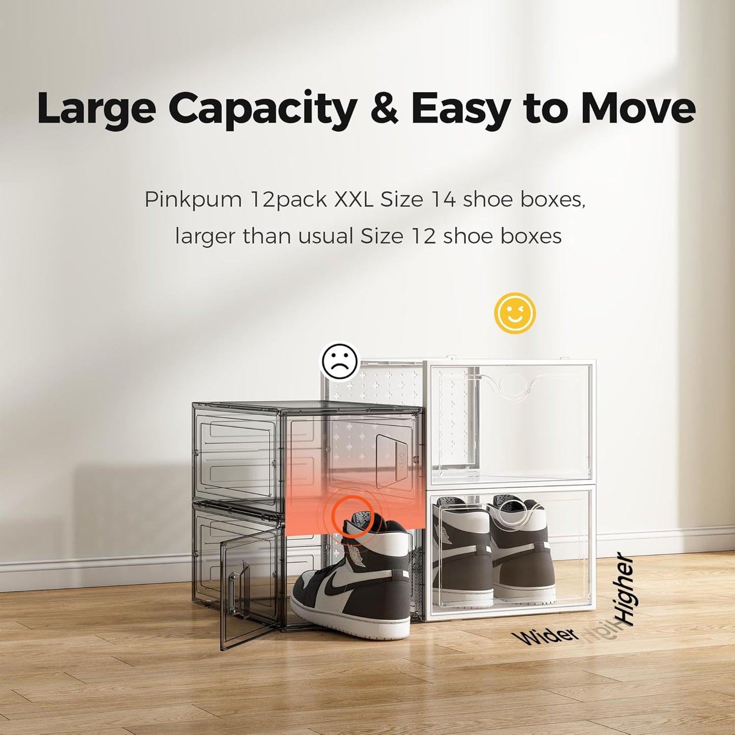 Pinkpum XXL Shoe Storage Boxes - Clear Plastic Stackable Organizer for Size 14 Sneakers | 12 Pack
