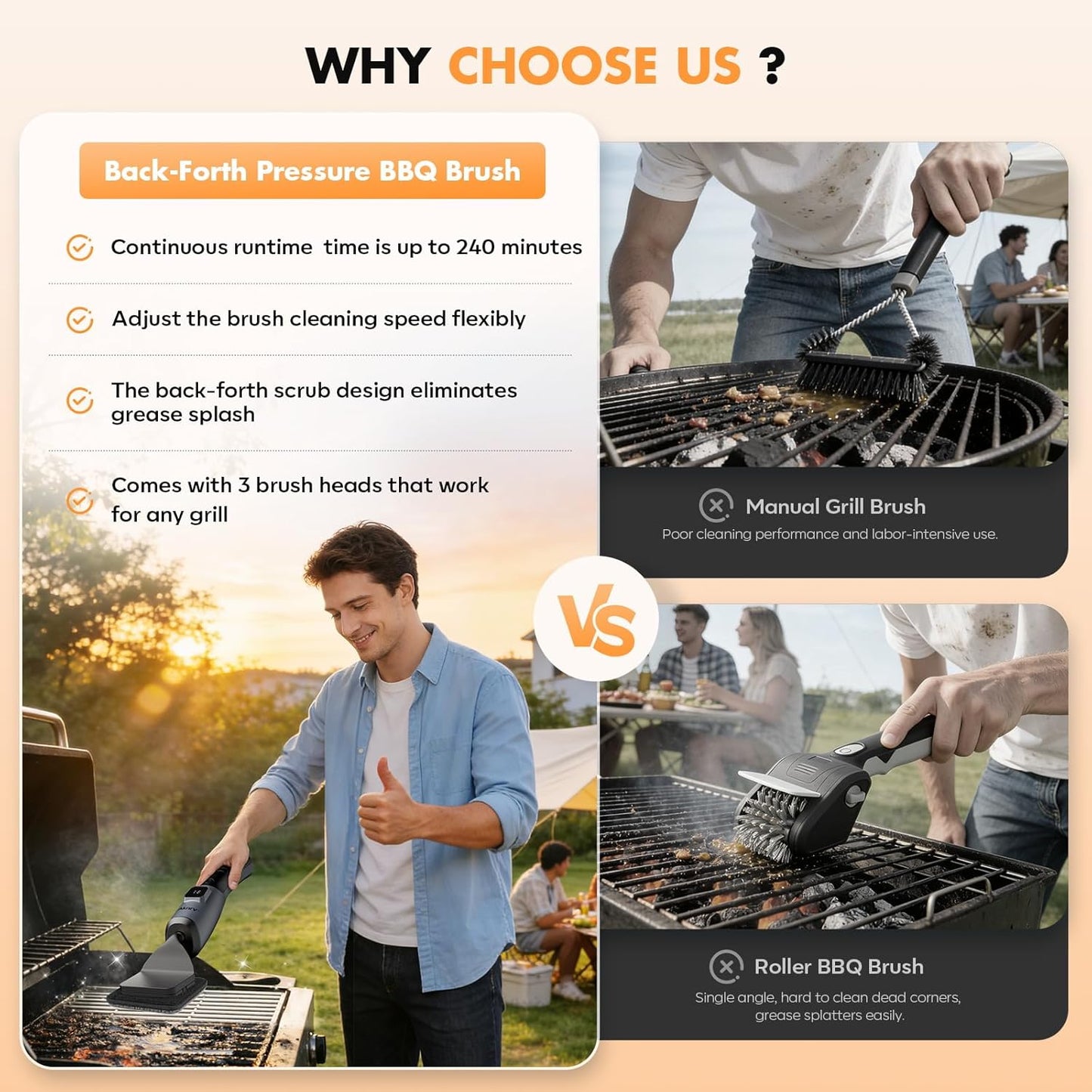 Skiennix Electric Grill Brush - Cordless Bristle-Free BBQ Cleaner with 3 Heads | 240 Mins Runtime (Gray)