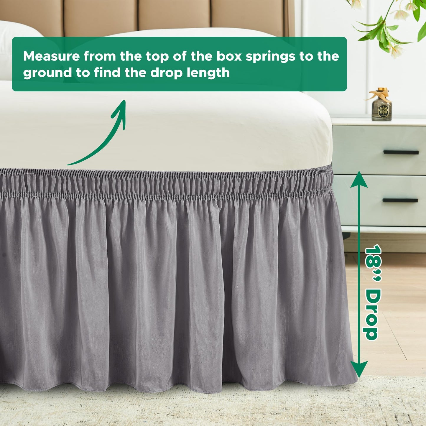Biscaynebay Wrap Around Bed Skirts for King & Cal King Beds 18" Long Drop, Silver Grey Adjustable Elastic Dust Ruffles Easy Fit Wrinkle Resistant Silky Luxurious Fabric Machine Washable