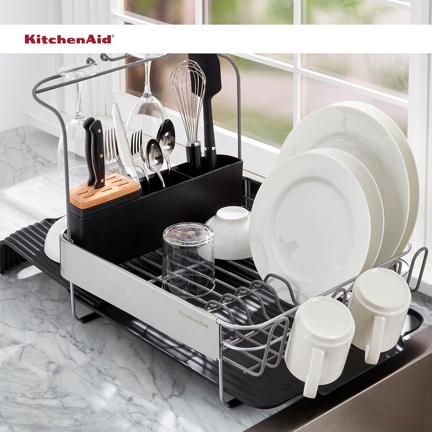 KitchenAid Expandable Dish Rack - Rust Resistant with Angled Self-Draining Drainboard, 24-Inch, Black