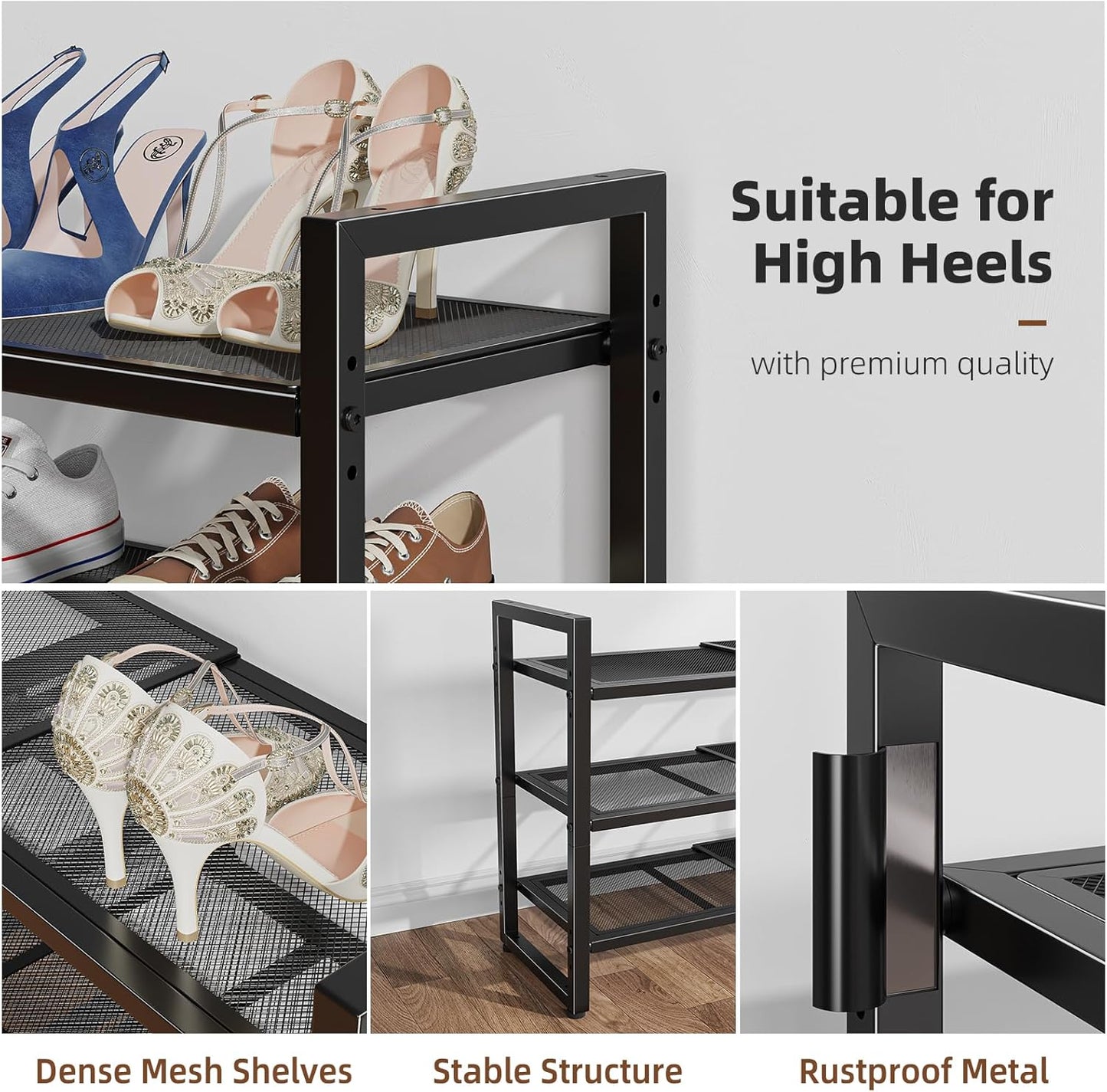Simple Trending 3-Tier Expandable Shoe Rack - Adjustable Metal Mesh Organizer for Closet & Entryway, Black