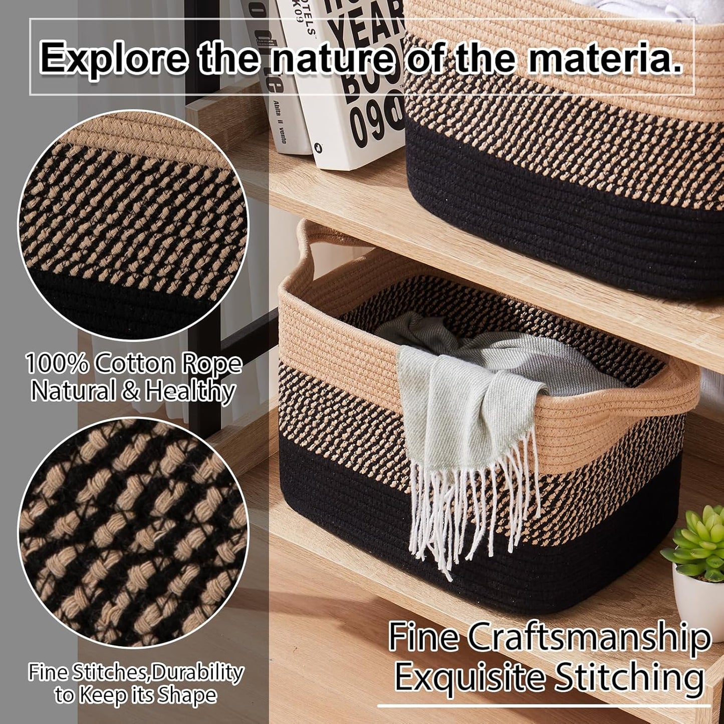 OIAHOMY Woven Storage Baskets - Stylish Cotton Rope Baskets for Toys & Towels | Pack of 3, Black & Brown