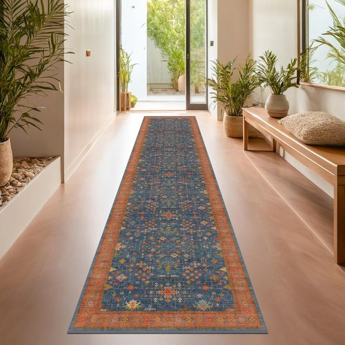 Hazo Haus Navy Blue Washable Hallway Runner Rug - 10 ft Non-Slip, Fade & Stain Resistant | Dark Boho Geometric Decor