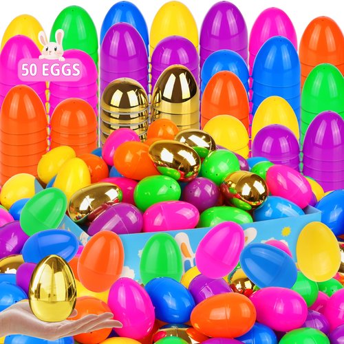 50 Pack 3.1" Fillable Easter Eggs with 6 Surprise Gold Eggs, Colorful Plastic Eggs for Easter Egg Hunts, Basket Stuffers Fillers, Party Favors, Classroom Rewards Prizes for Kids Toddlers Boys Girls