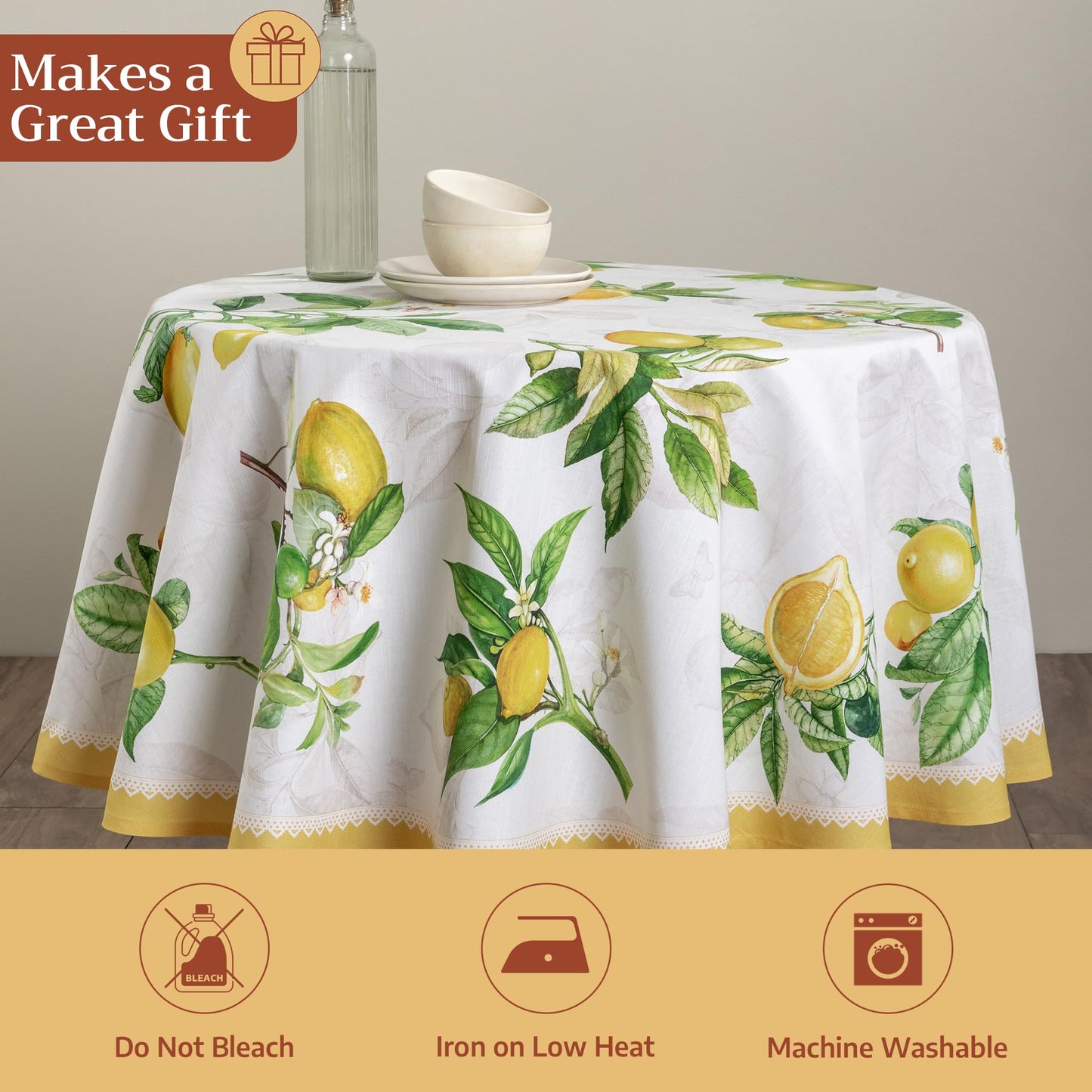 Maison d' Hermine Table Cloth Round Table 100% Cotton 69 Round Inches Tablecloth Reusable Decorative for Dining Kitchen Room Farmhouse Home Gifts for Mothers Day Spring Summer - Limoncello