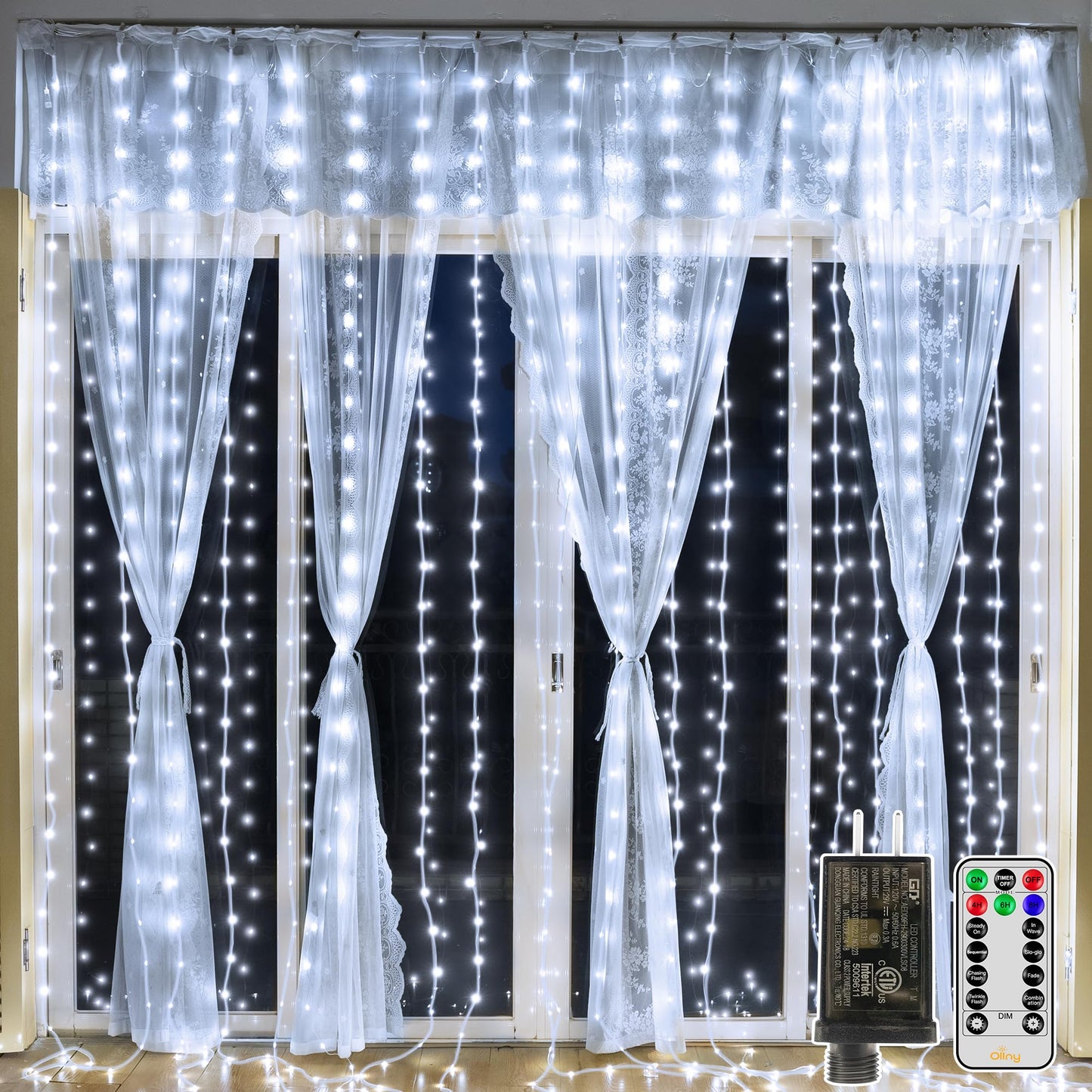 Ollny Curtain Lights 300LED 9.8ftx9.8ft, Connectable IP67 Waterproof Outdoor Curtain String Lights with Remote, Plug-in Untangle Fairy Lights with 8 Modes 3 Timers for Wall Backdrop Decor(Cool White)