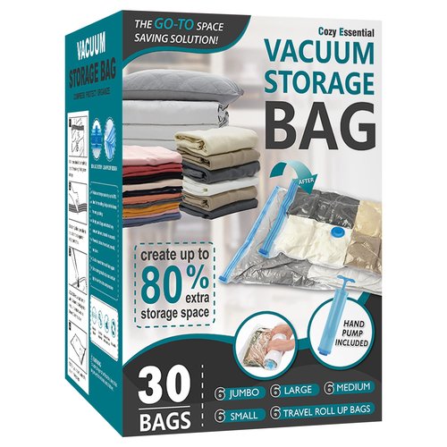 Cozy Essential Vacuum Storage Bags, 80% Compression Vacuum Seal Space Saver Plastic Packaging Bags for Clothes, Blankets, Pillow, Bedding, Comforters, Sealer Clothing Storage,30 Combo