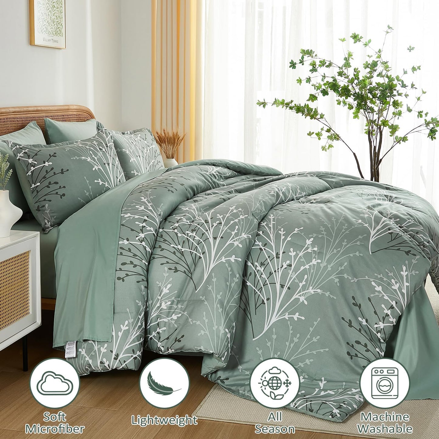 DJY Sage Green Comforter Set Queen Size Branch Botanical 7 Piece Bed in a Bag Green Floral Bedding Sets, Soft Microfiber Branches Leaves Pattern Reversible Comforter Set for All Season (90''x90'')