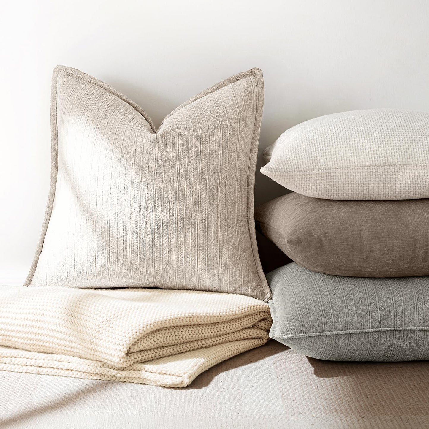 MIULEE 20x20 Inch Beige Decorative Couch Pillow Covers Set of 2 Chenille Throw Pillow Covers Farmhouse Cushion Cases with Elegant Design for Home Decor Sofa Bedroom Living Room