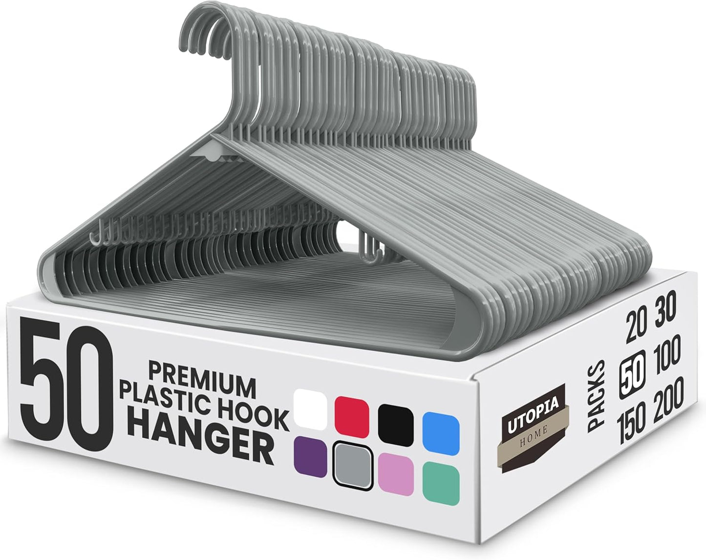 Utopia Home Plastic Hangers 50 Pack - Durable Space-Saving Closet Organizers - Ideal for Shirts, Pants, & Coats (Grey)