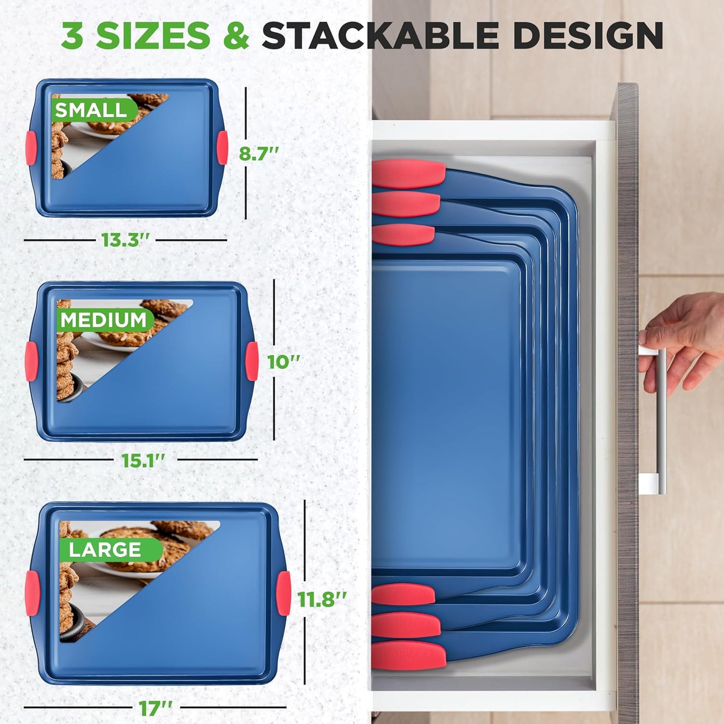 NutriChef Nonstick Cookie Sheets - Premium Carbon Steel Baking Trays with Silicone Handles | Set of 3 - Blue