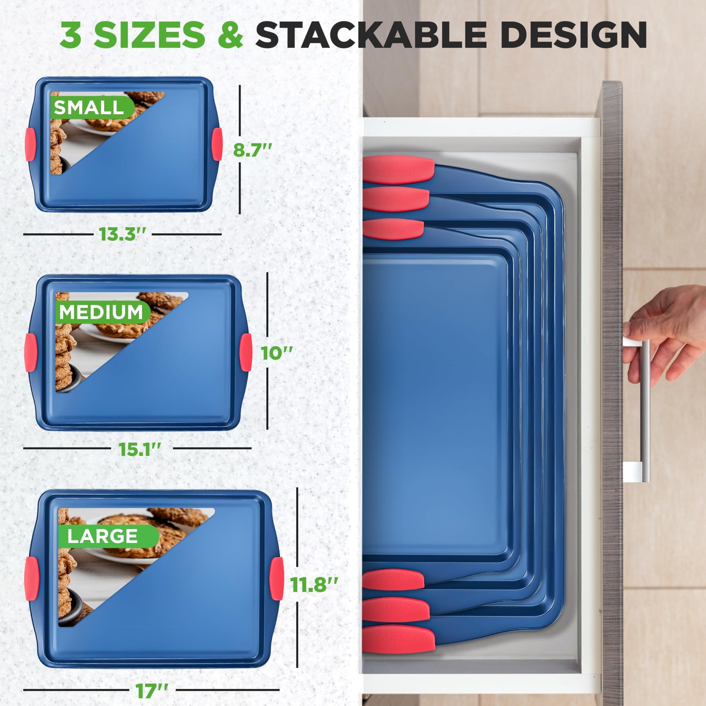 NutriChef 3-Piece Nonstick Cookie Sheets for Baking - Premium Carbon Steel Baking Trays w/ Non-Stick Smooth Coating & Silicone Handles - Large, Medium, & Small Bakeware - Blue