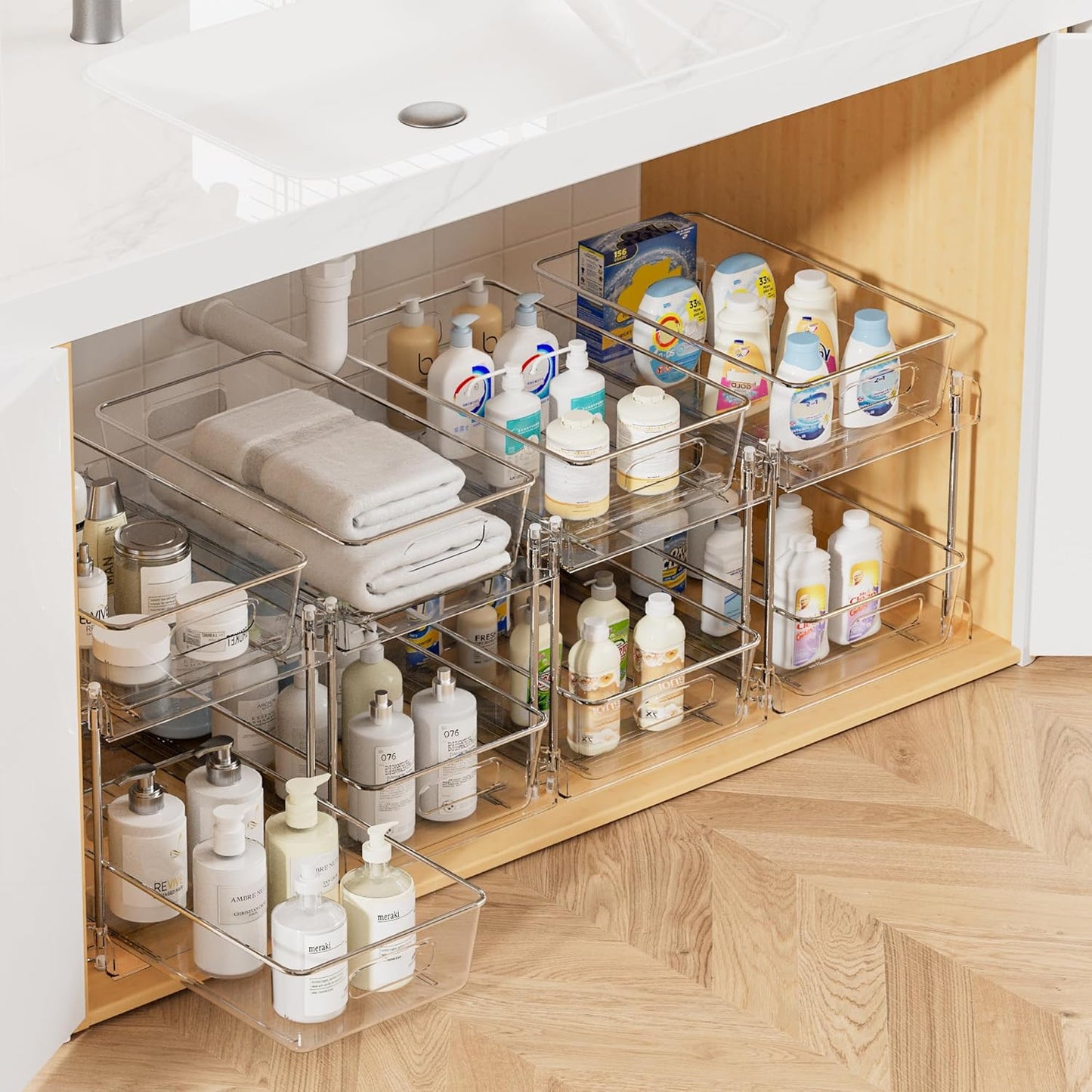 Vtopmart 4-Pack Bathroom Organizer - 2-Tier Clear Under Sink Storage Bins for Vanity & Kitchen