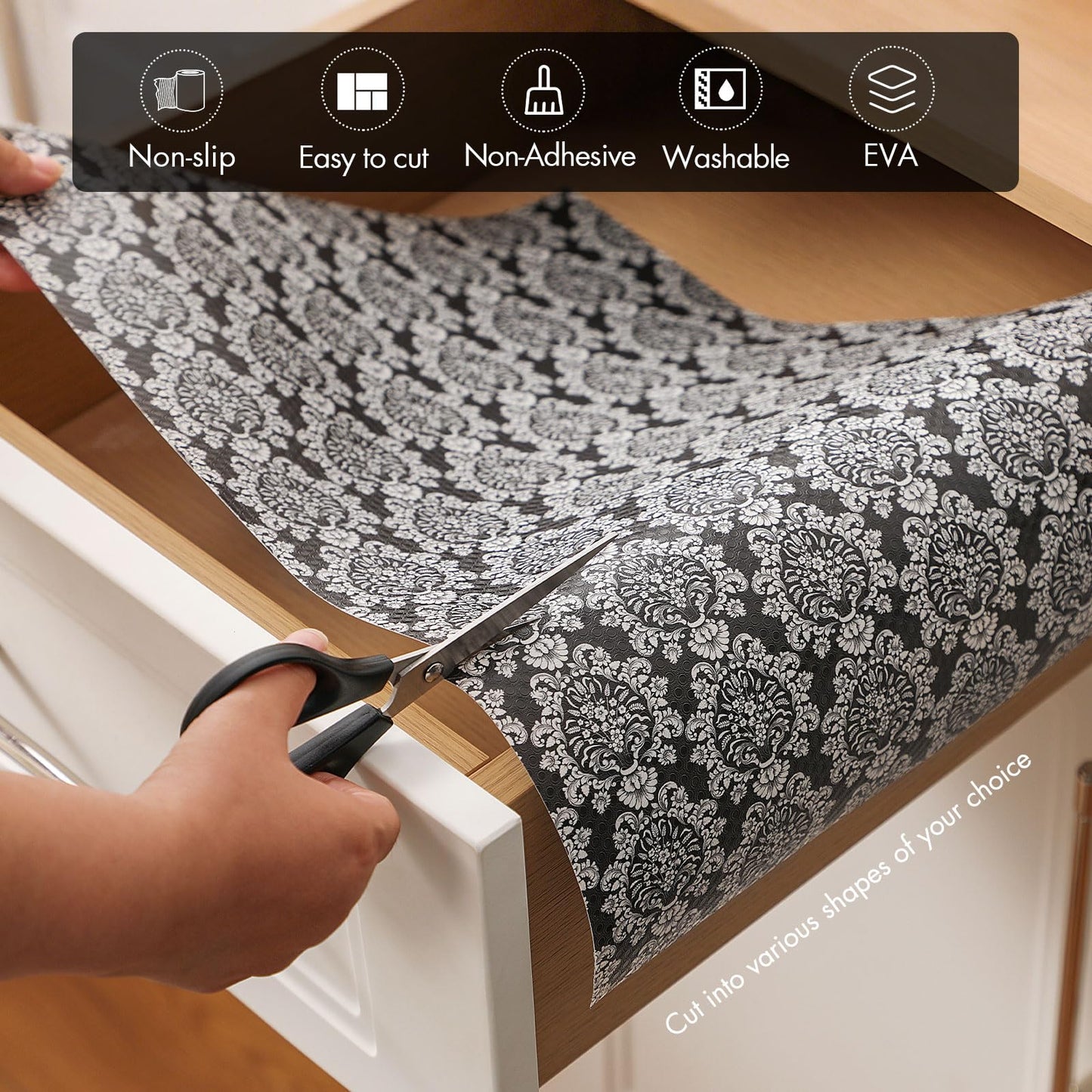 Cooyes Shelf and Drawer Liners for Kitchen Cabinets, Non-Adhesive Cabinet Liners, EVA Waterproof Durable Shelf Paper for Refrigerator, Shelves, Cupboard with European Pattern, Easy to Cut