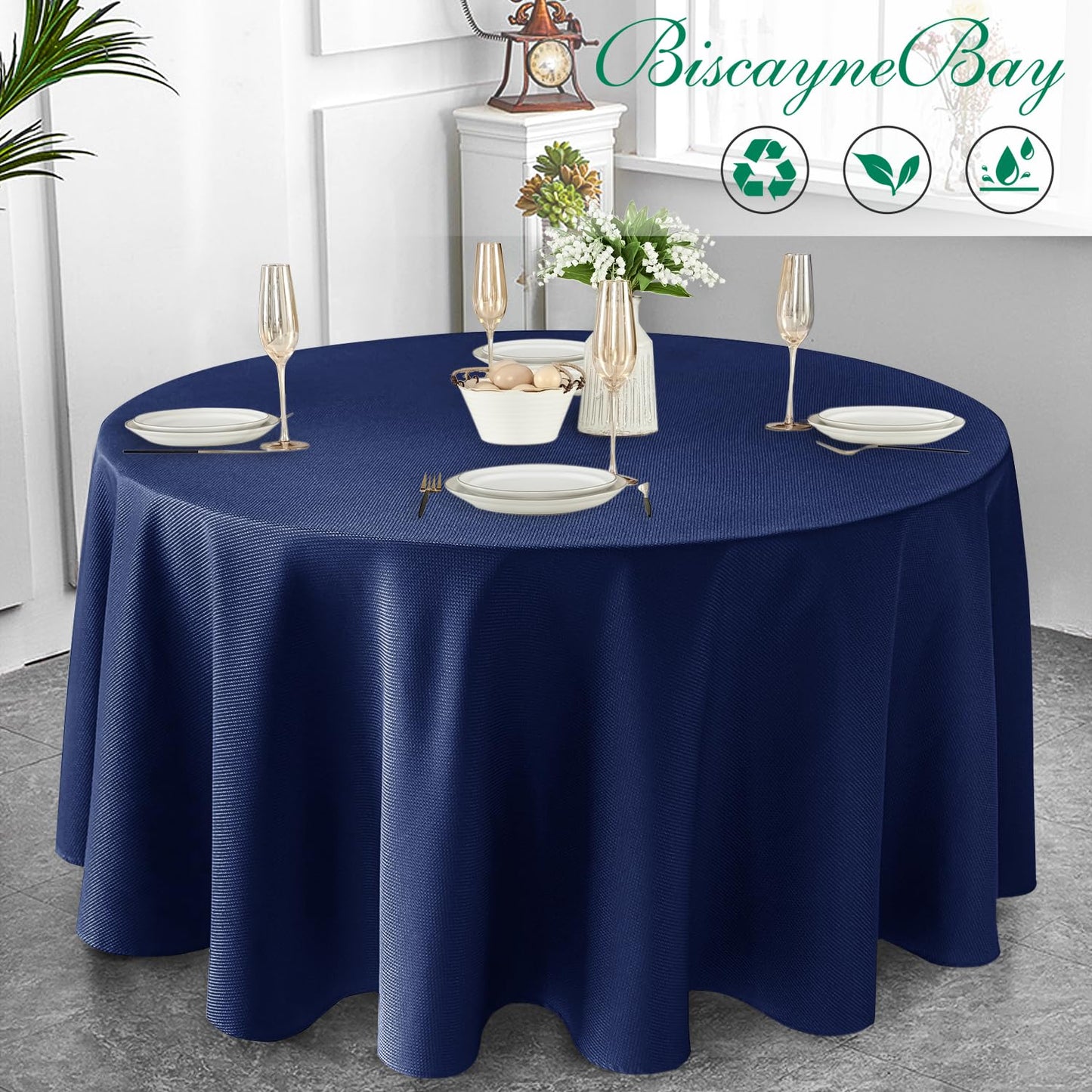Biscaynebay Textured Fabric Round Tablecloths 90", Navy Water Resistant Washable Table Cloths Circle Folding Table Covers Linen for Dining, Kitchen, Wedding & Parties etc