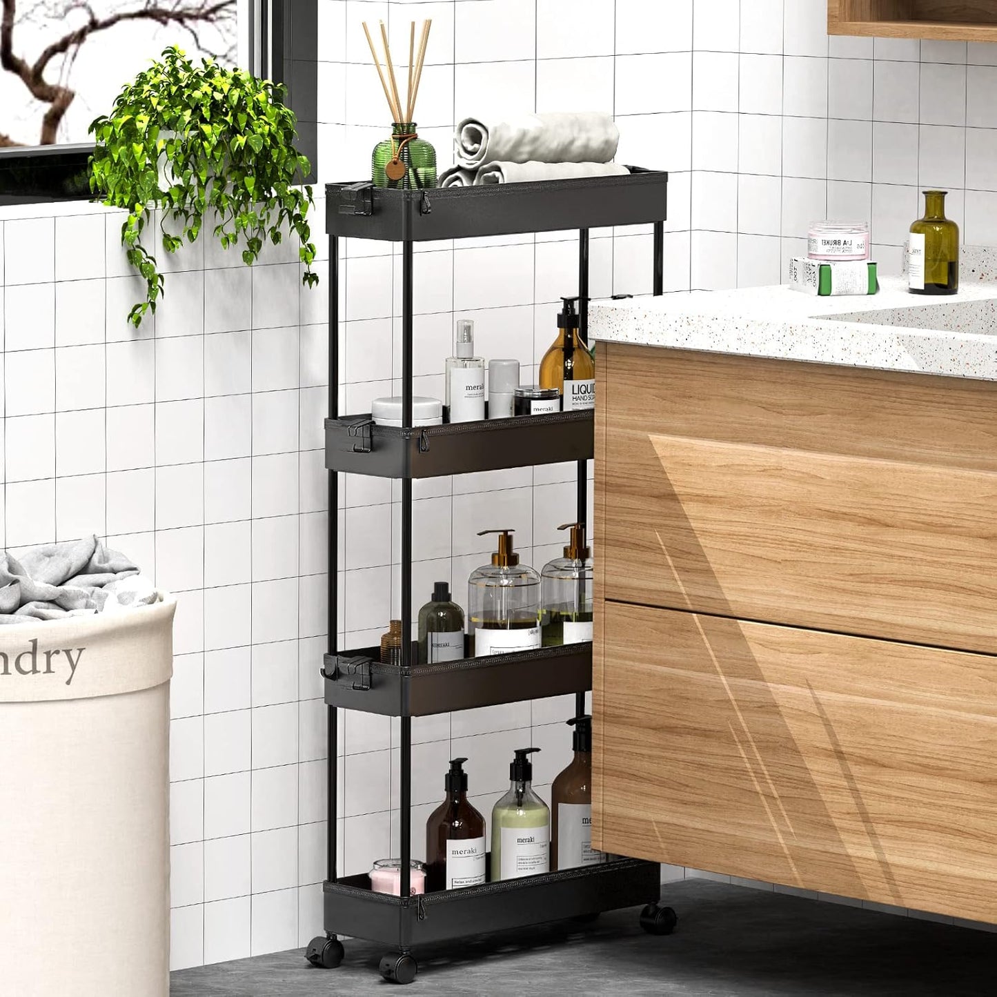 SPACEKEEPER Slim Rolling Storage Cart - 4-Tier Mobile Organizer for Bathroom, Kitchen & Laundry - Black
