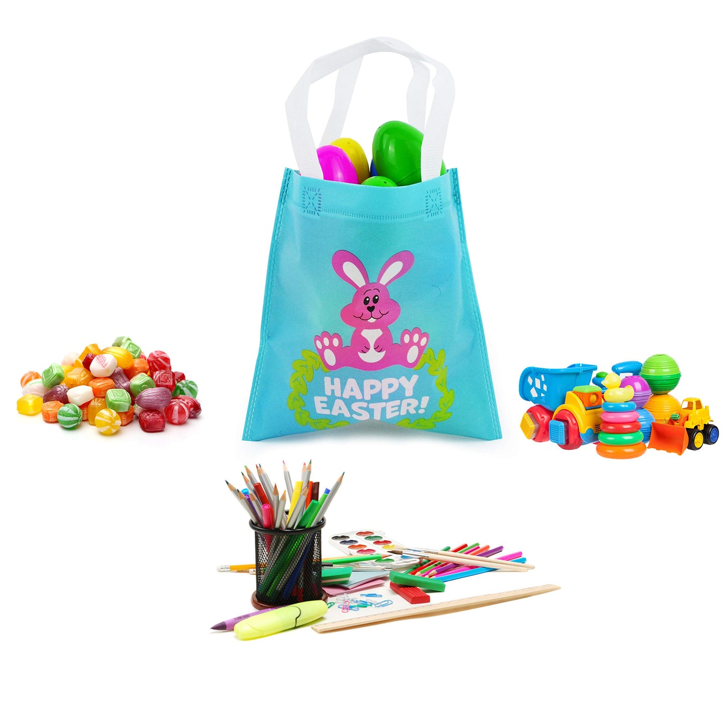 JOYIN 36 PCS Easter Gift Bags, Non Woven Easter Tote Bags with Handles Party Treat Bags for Gifts Wrapping, Egg Hunt Game, Party Supplies